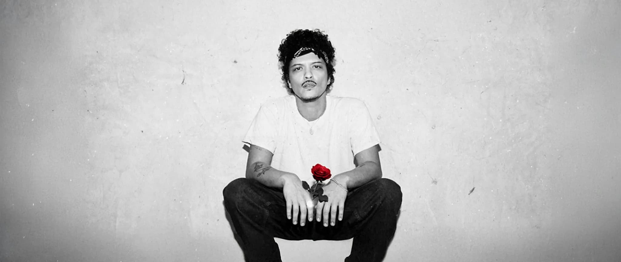 Black-and-white portrait of Bruno Mars crouching against a white wall, holding a red rose — official campaign photo