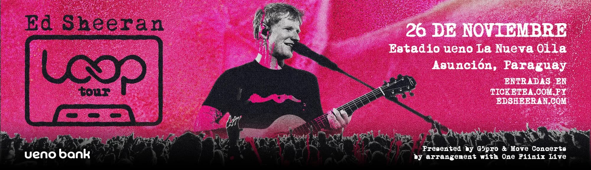Pink Loop Tour banner: Ed Sheeran with his guitar, Estadio ueno La Nueva Olla, Asunción, November 26