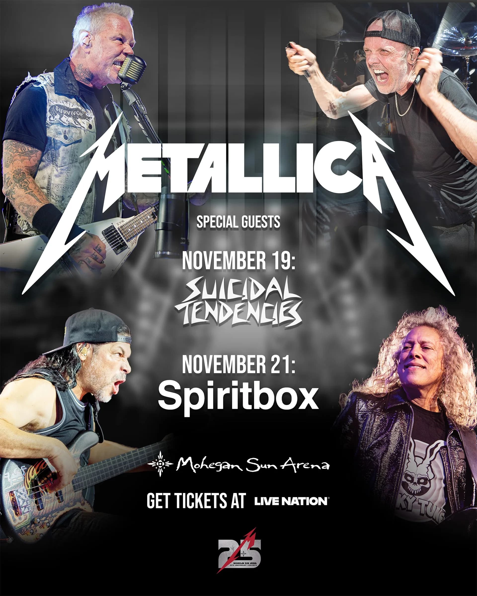 Metallica poster for the Mohegan Sun Arena shows: the four members around the logo, with Suicidal Tendencies on November 19