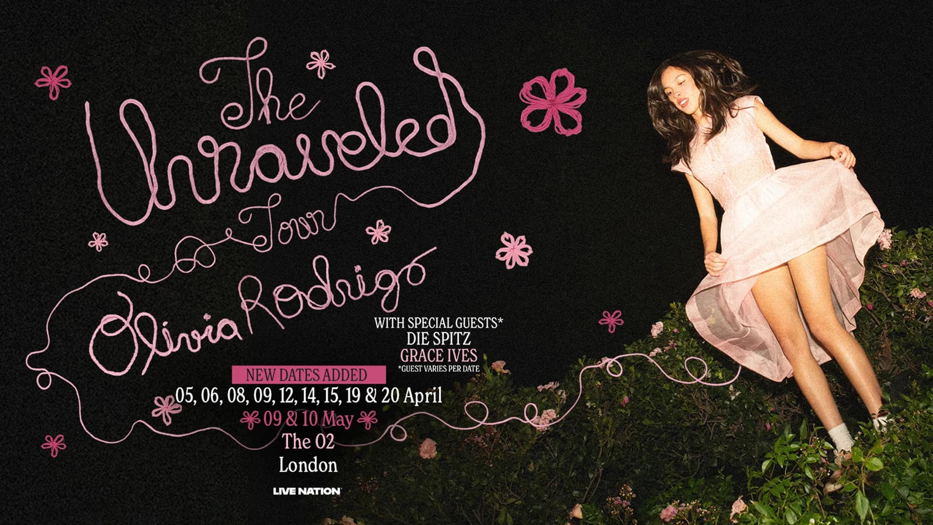 Olivia Rodrigo in a pink dress on a flowering hillside at night — The Unraveled Tour, The O2 London dates