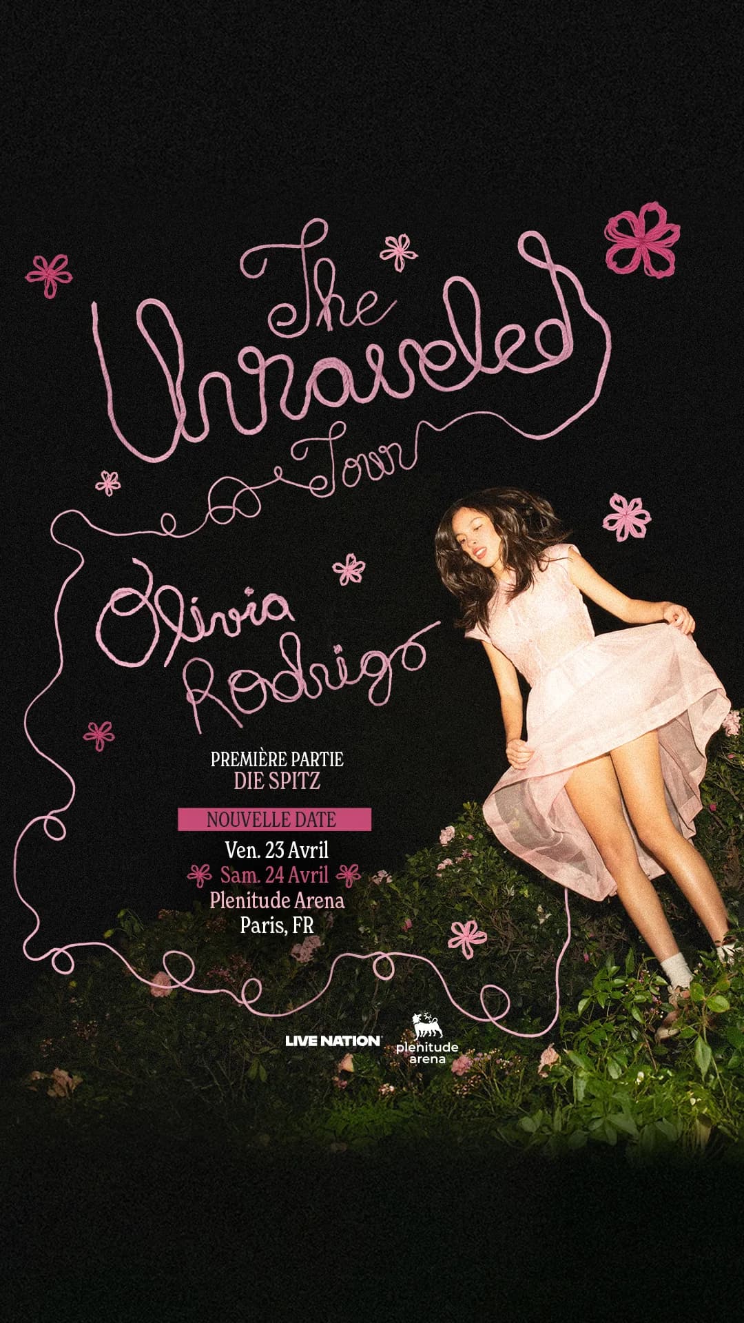 Olivia Rodrigo on a flowering hillside at night — The Unraveled Tour, Plenitude Arena Paris, April 23 and 24